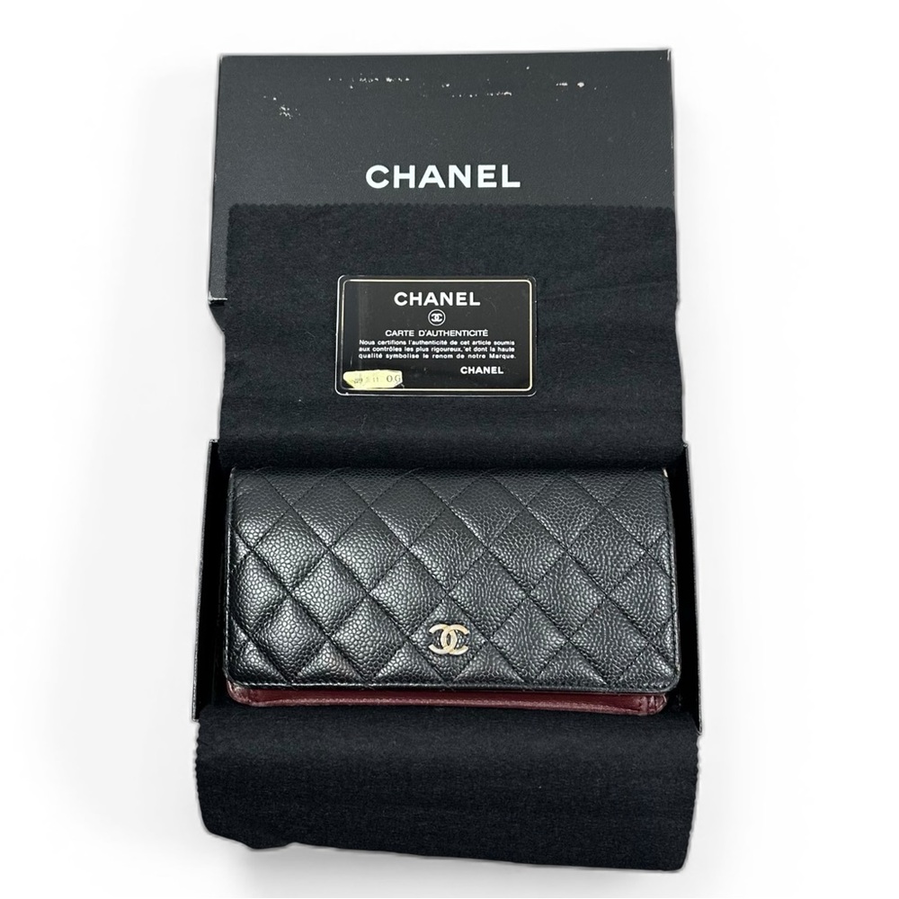 Chanel Black Caviar Quilted & Red Interior Leather Long Wallet with Box & Card